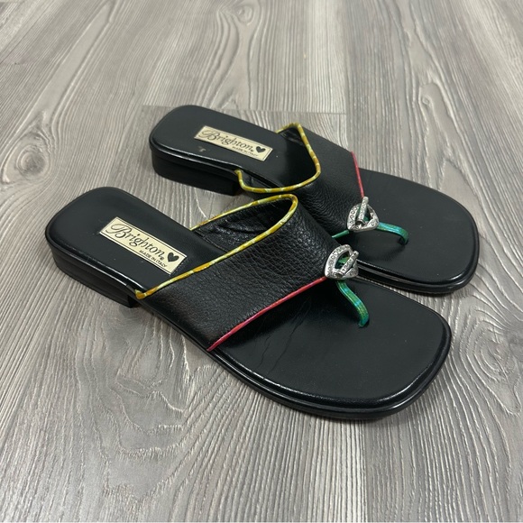 Brighton Black Leather Sandals Multicolor Trim Silver Buckle Size 9.5 Summer - Picture 1 of 4